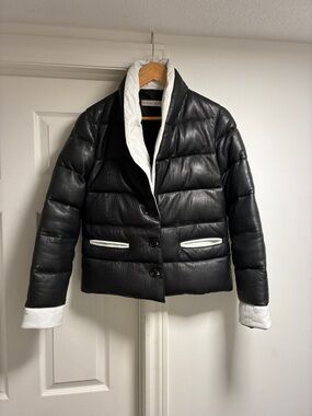Danier Black Puffer Jacket with White Contrast Trim